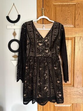 Xhilaration Black Lace Long Sleeve V-Neck Dress with Nude Lining